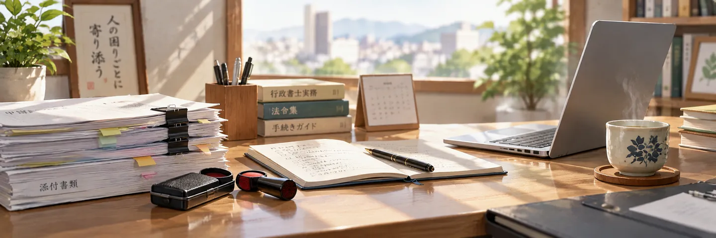 書類と印鑑とノートパソコンが置かれた、事務所の机。