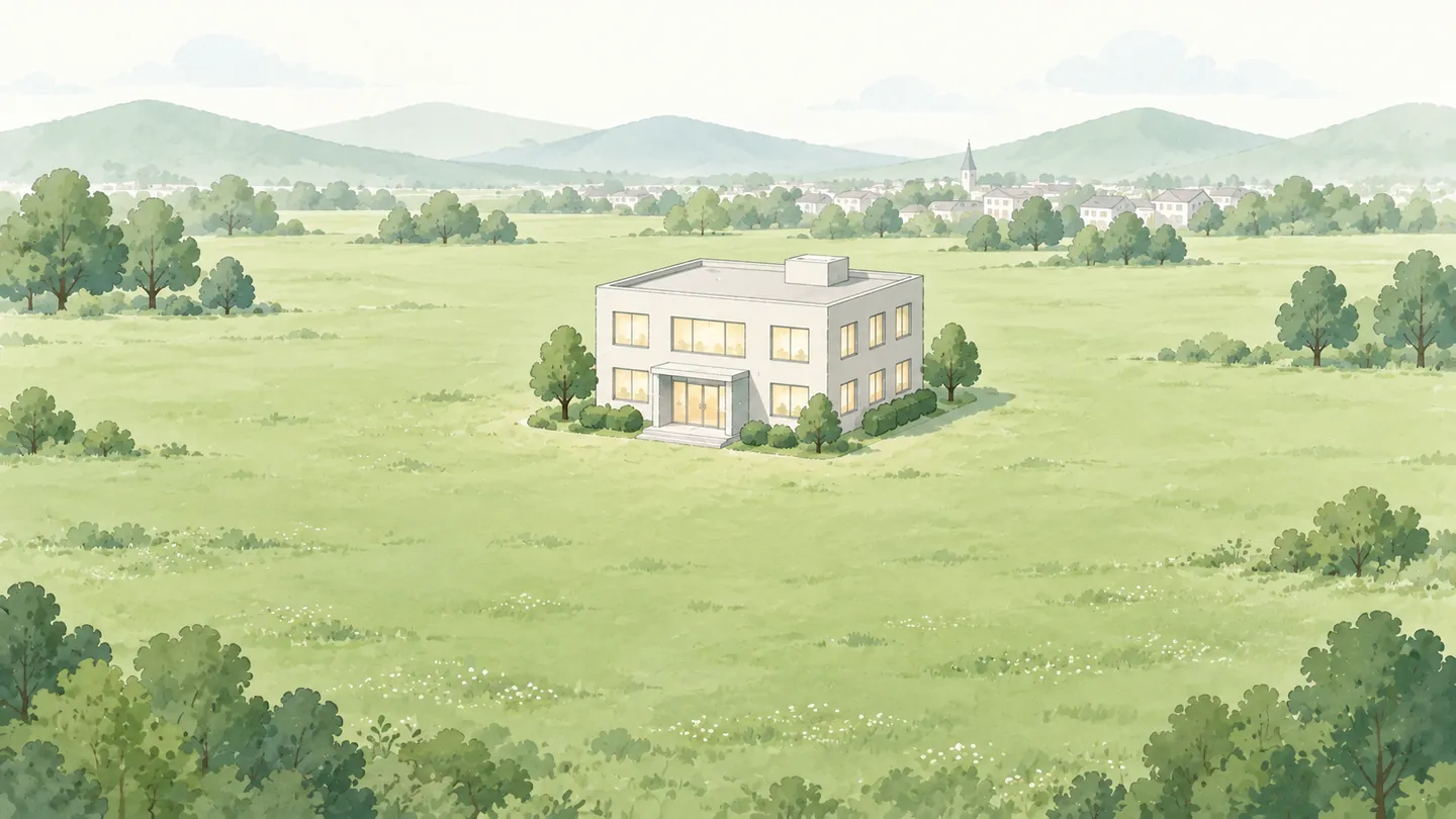 草地に建物が一軒。窓に灯りはついているが、そこへ通じる道が一本もない。