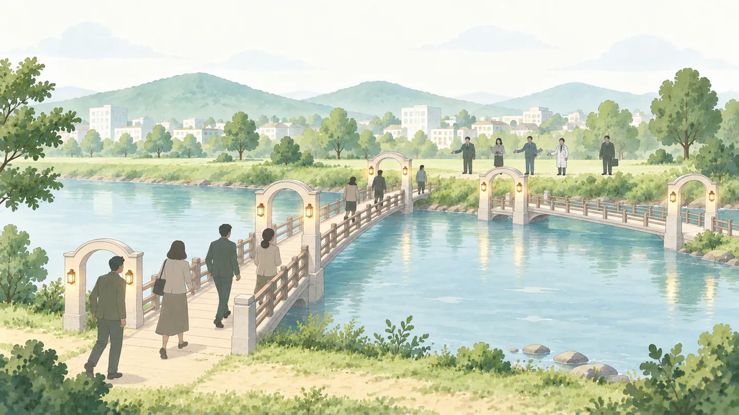 同じ川に橋が架かり、門をくぐって人が渡り始め、向こう岸の人が迎えている。